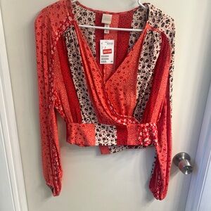 H&M Red and Cream Patterned Wrap Blouse